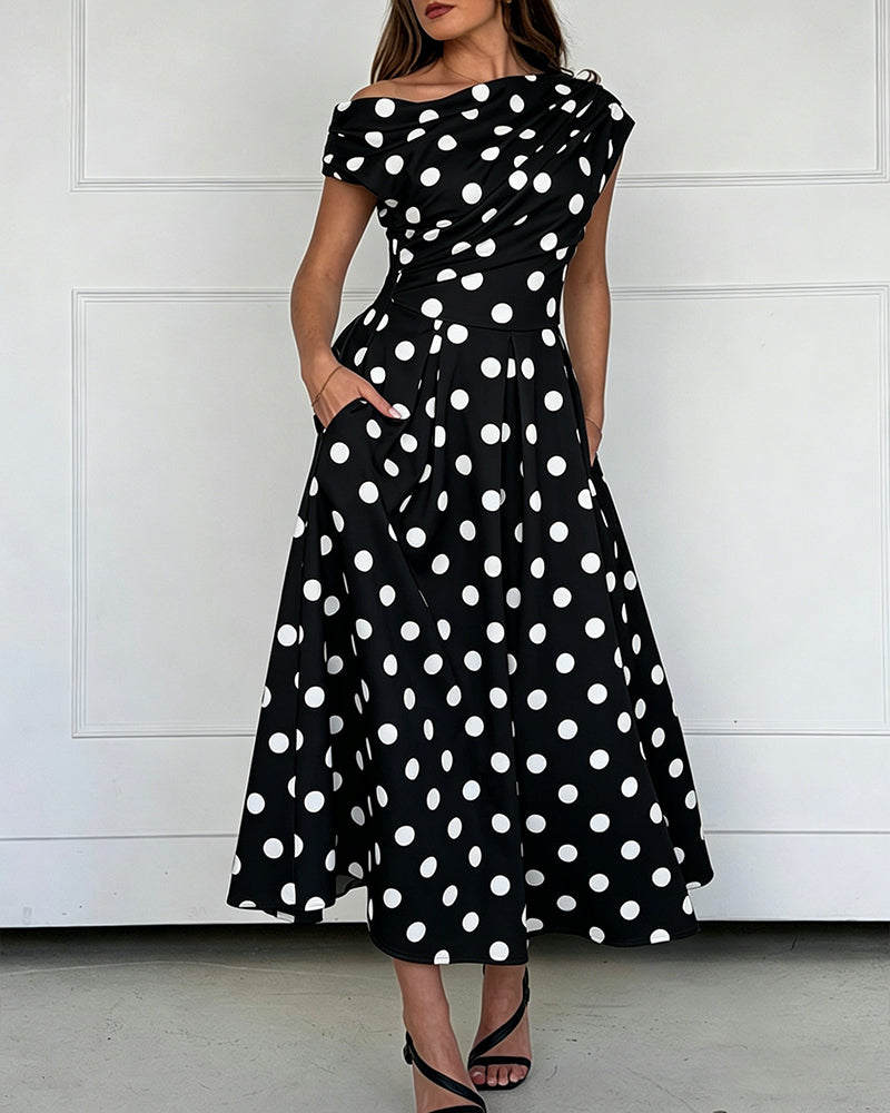 Polka Dot Ruched A-Line Maxi Dress