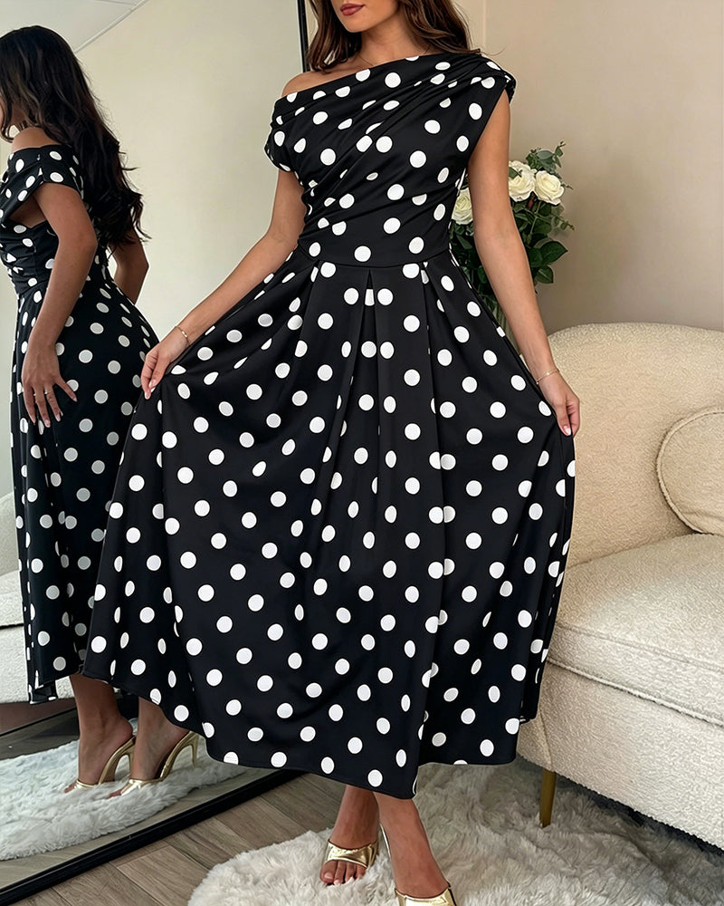 Polka Dot Ruched A-Line Maxi Dress