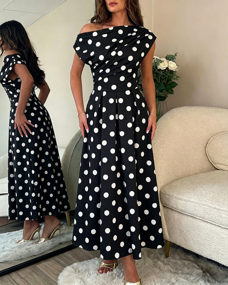 Polka Dot Ruched A-Line Maxi Dress