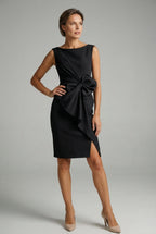 Women's bow waist cocktail dress in black – pencil silhouette boat neckline