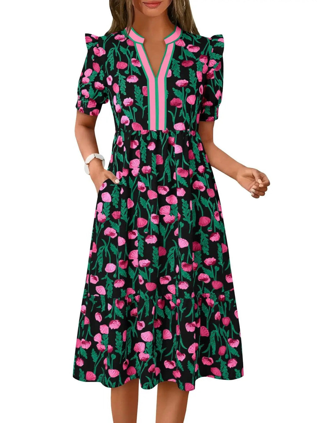 Floral midi dress with puff sleeves and tiered skirt, side view