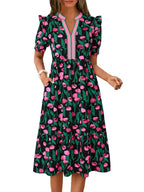 Floral midi dress with puff sleeves and tiered skirt, side view