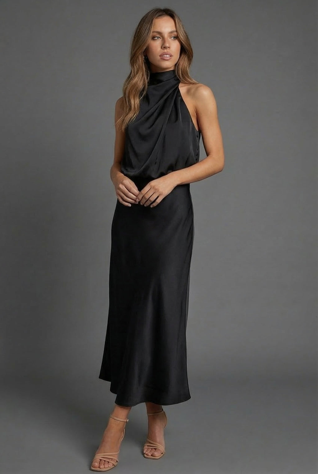 Halterneck satin midi dress – sleek silhouette full length view