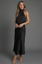 Halterneck satin midi dress – sleek silhouette full length view