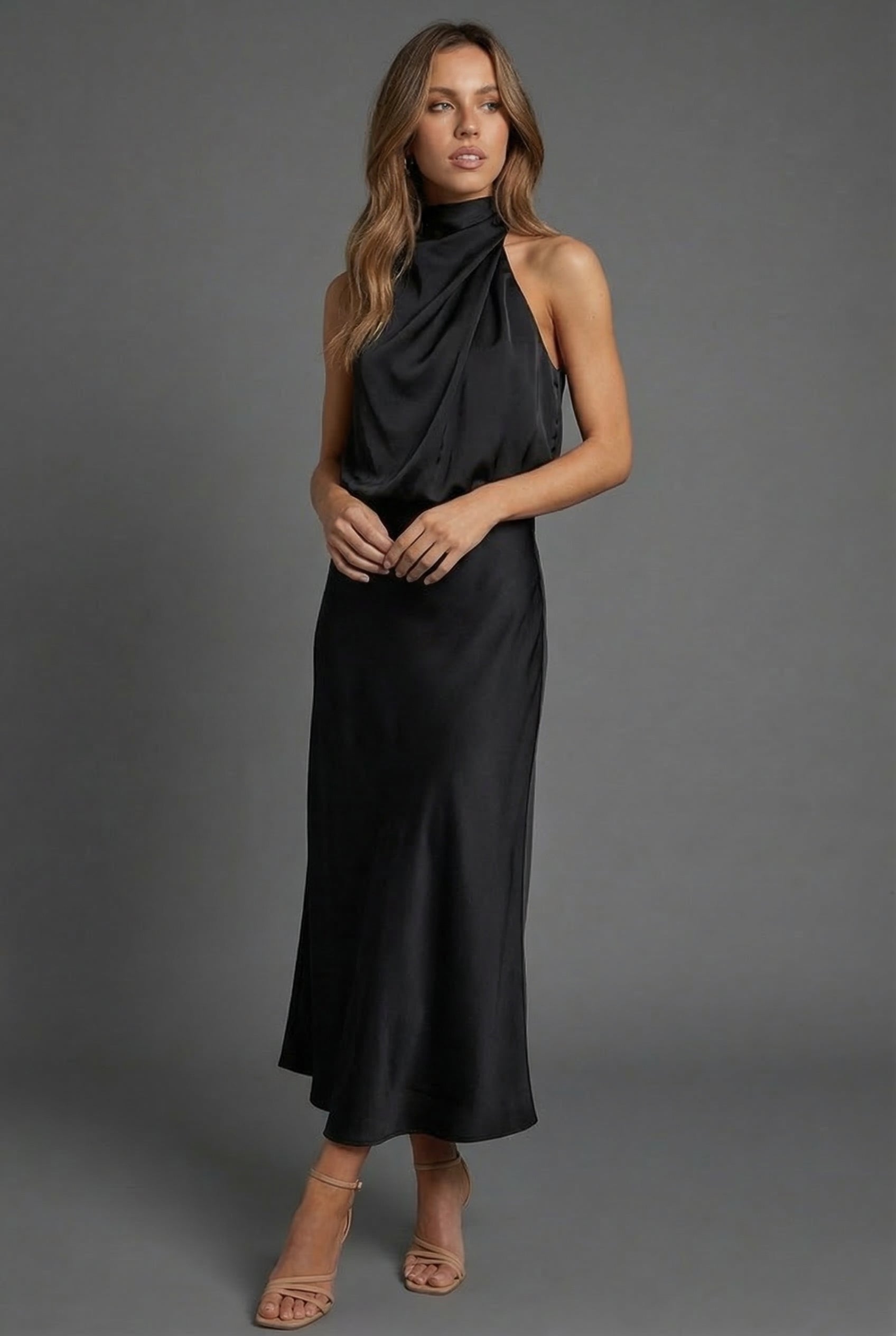 Halterneck satin midi dress – sleek silhouette full length view