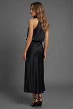 Women's open back satin wedding guest dress – three-quarter view