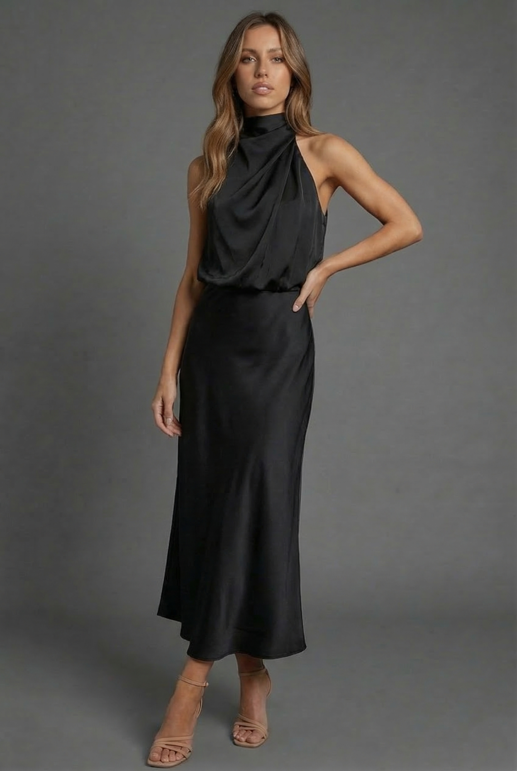 Women's halterneck wedding guest dress – side view