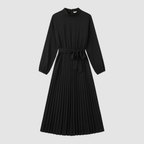 Women's long pleated dress with belt, back view