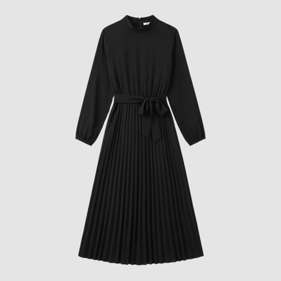 Women's long pleated dress with belt, back view