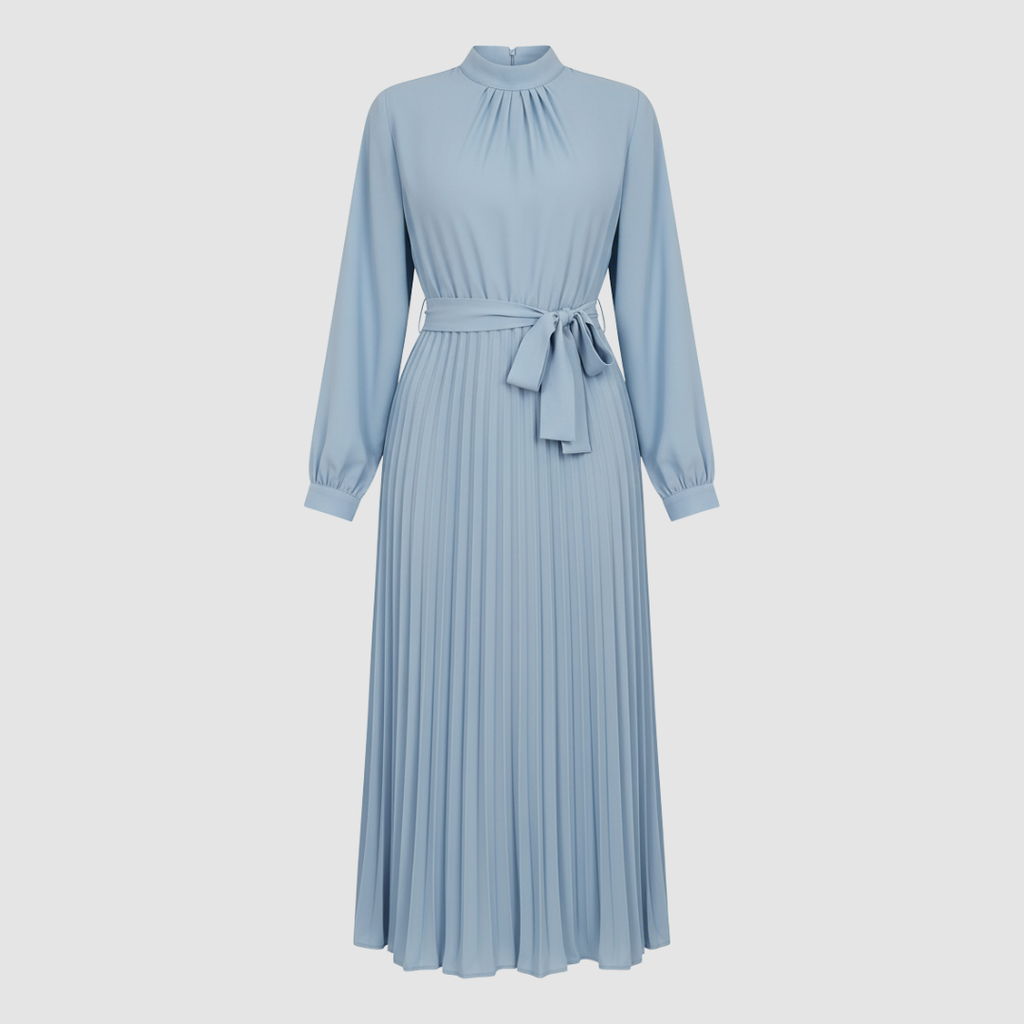 Women's long pleated dress with belt, third colour side view