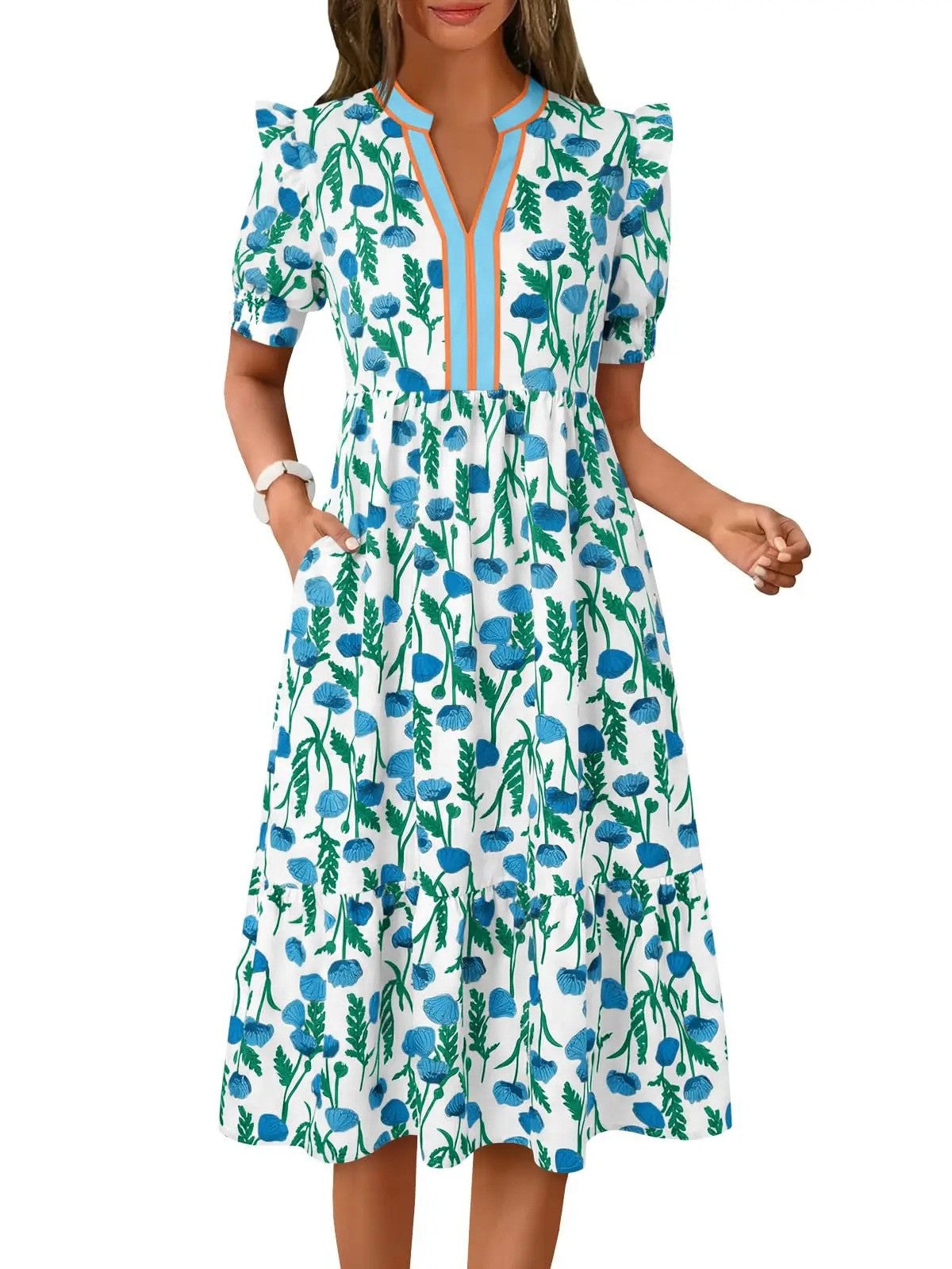 Women's tiered floral midi dress back view