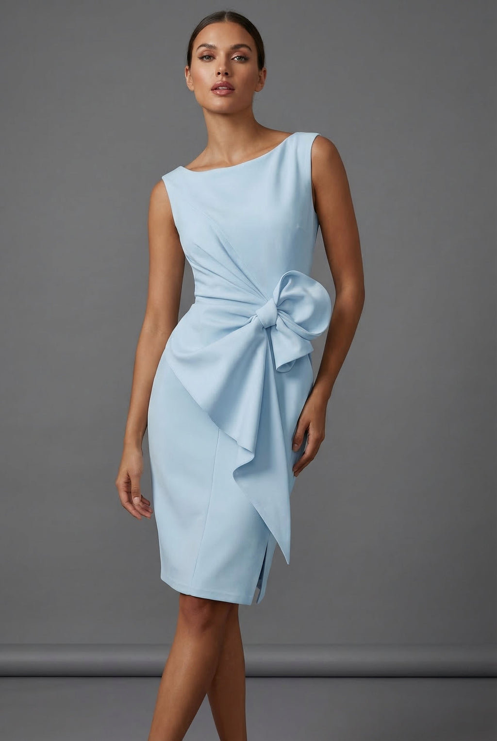 Women's bow waist cocktail dress in light blue – pencil silhouette occasion