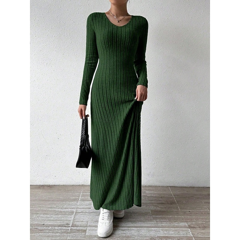 Green Ribbed V-Neck Maxi Dress