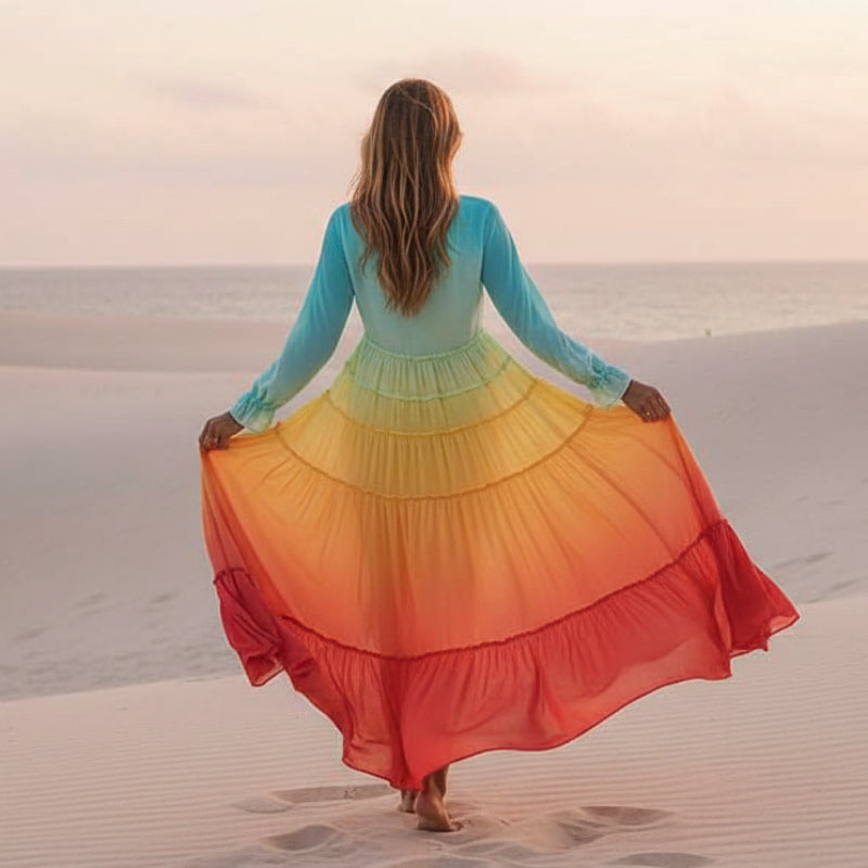 Women's Rainbow Tiered Boho Maxi Dress full look - Flared Sleeve Empire Waist Maxi Dress