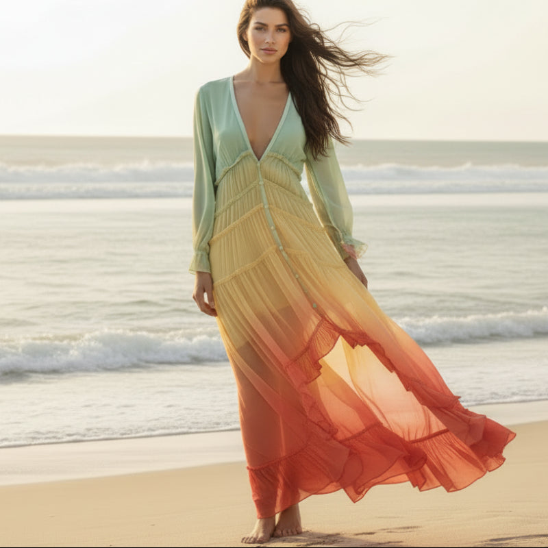 Women's Rainbow Tiered Boho Maxi Dress front view - Flared Sleeve Empire Waist Maxi Dress