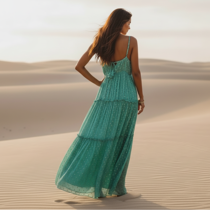 Women's Green Floral V-Neck Spaghetti Strap Maxi Dress full length - Boho Sundress Maxi Dress