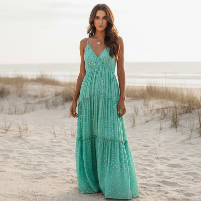 Women's Green Floral V-Neck Spaghetti Strap Maxi Dress front view - Boho Sundress Maxi Dress