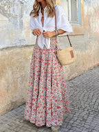 Women's Floral A-Line Boho Chic Maxi Skirt side view - High Waist Flowy Skirt