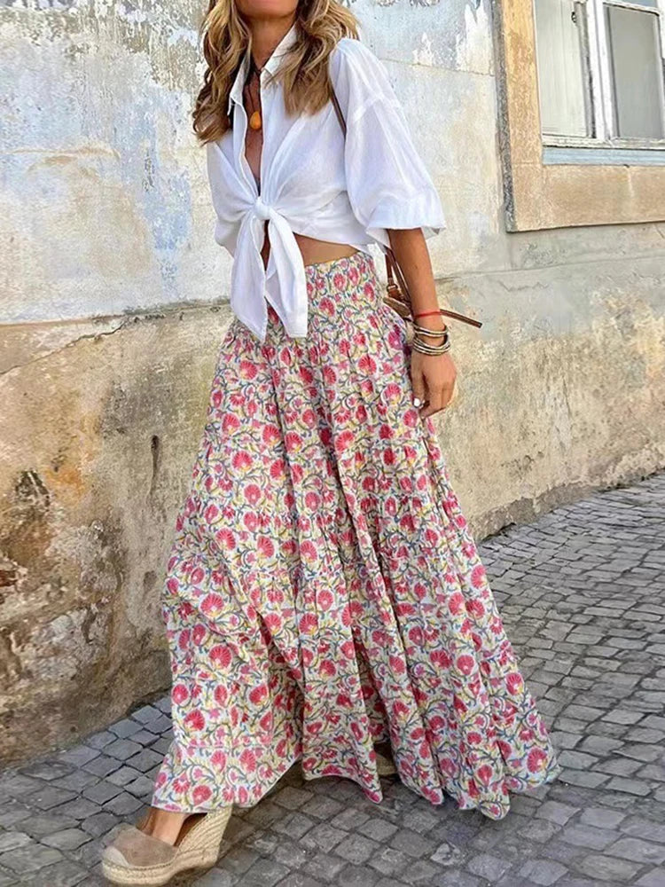 Women's Floral A-Line Boho Chic Maxi Skirt full length - High Waist Flowy Skirt