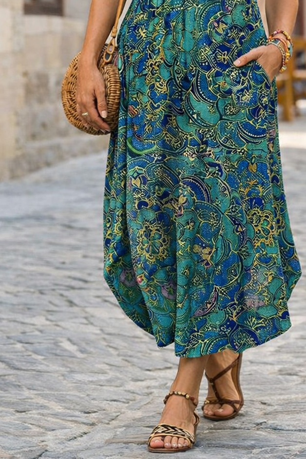 Women's Teal Floral Empire Round Neck Maxi Dress back view - Boho Ethnic Casual Maxi Dress