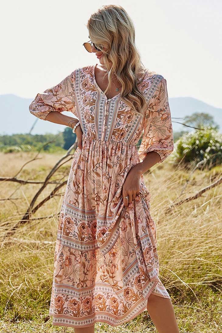Women's Floral V-Neck Boho Spring Maxi Dress full length - Elegant Wedding Guest Maxi Dress