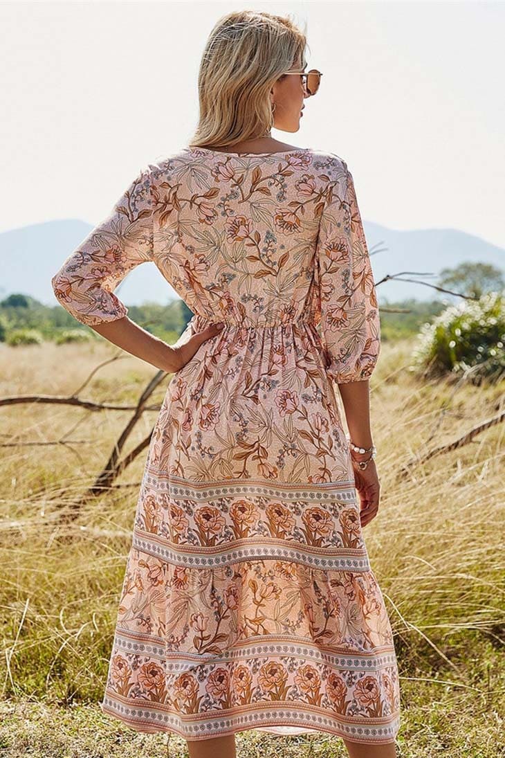 Women's Floral V-Neck Boho Spring Maxi Dress styled look - Elegant Wedding Guest Maxi Dress