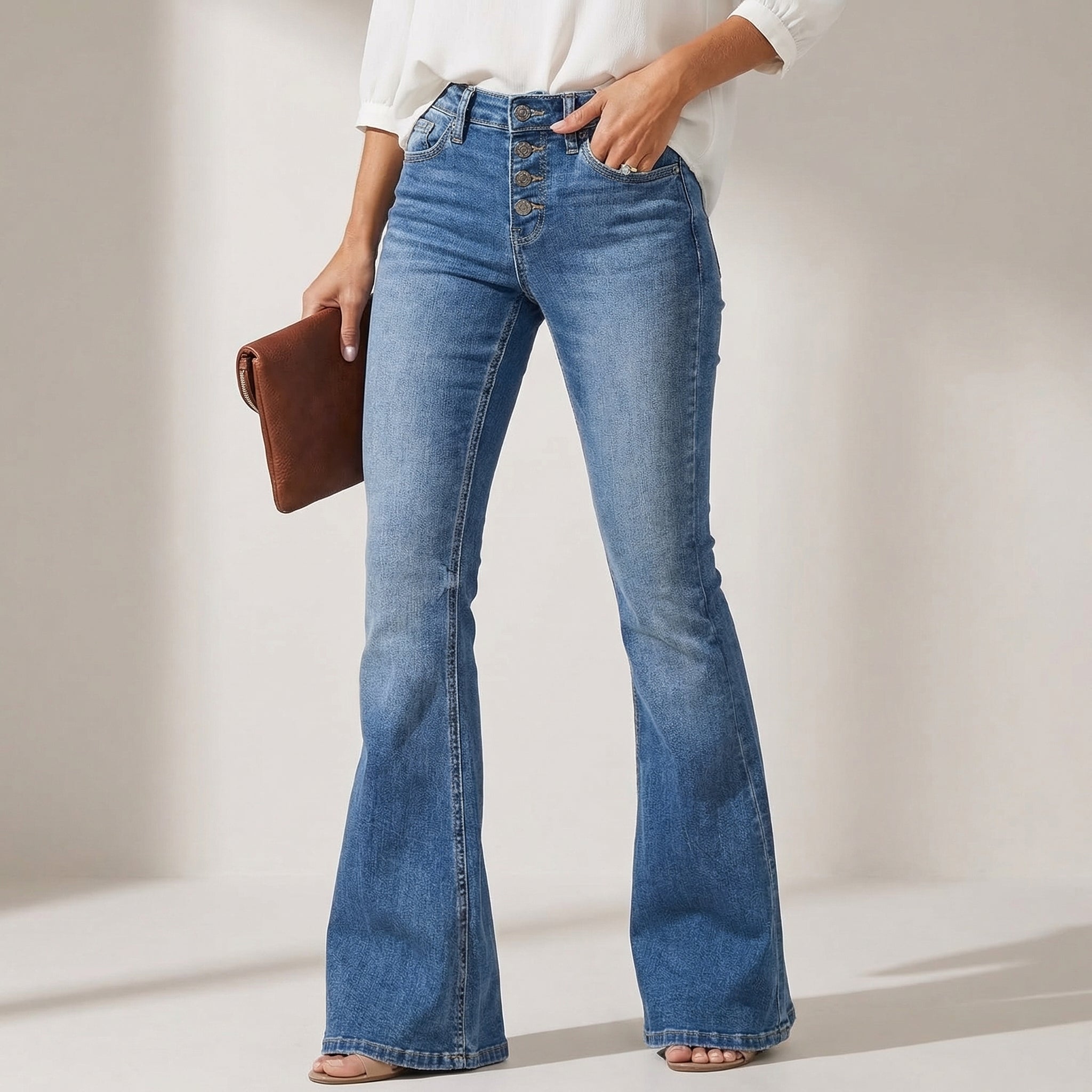 Blue high-waist denim flare trousers, front view