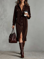 Women's chic flared hem dress, side profile view
