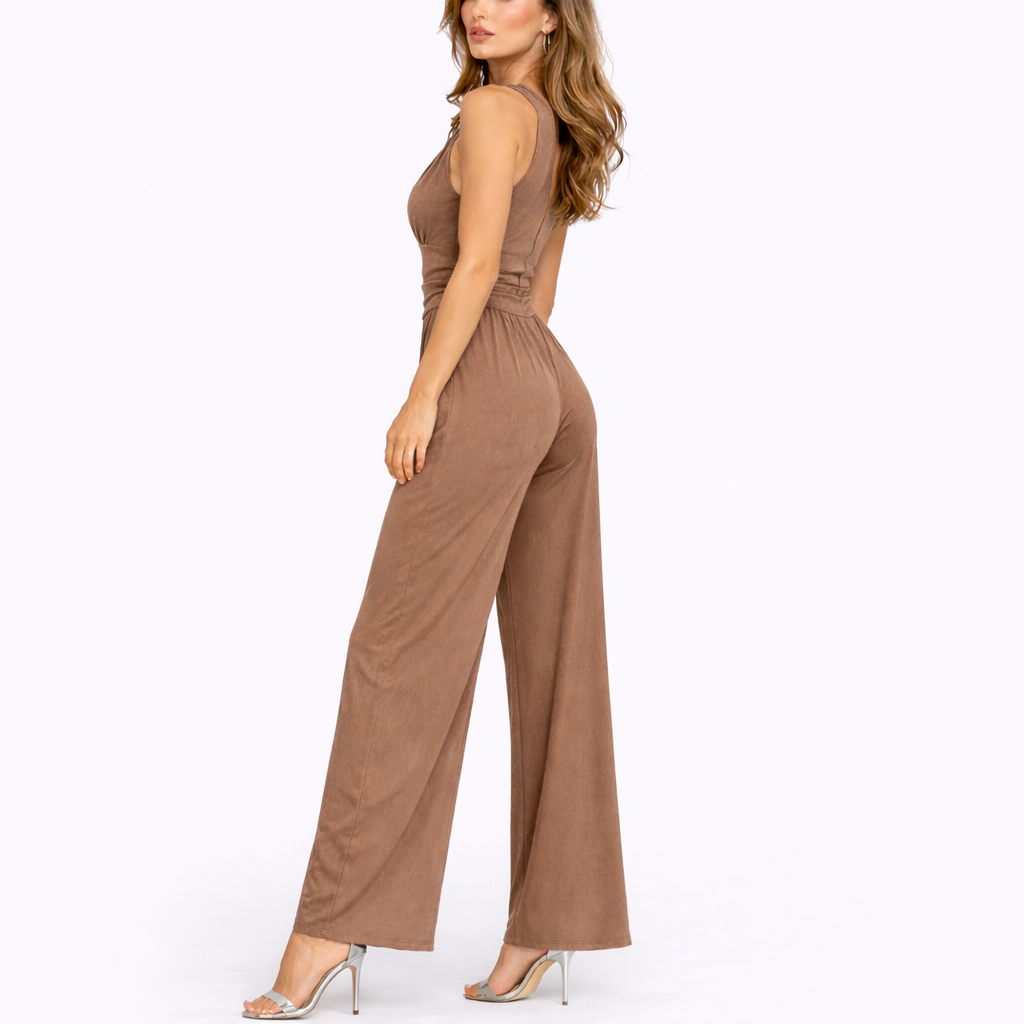 Chic Sleeveless Wide-Leg Jumpsuit in Beige, side view