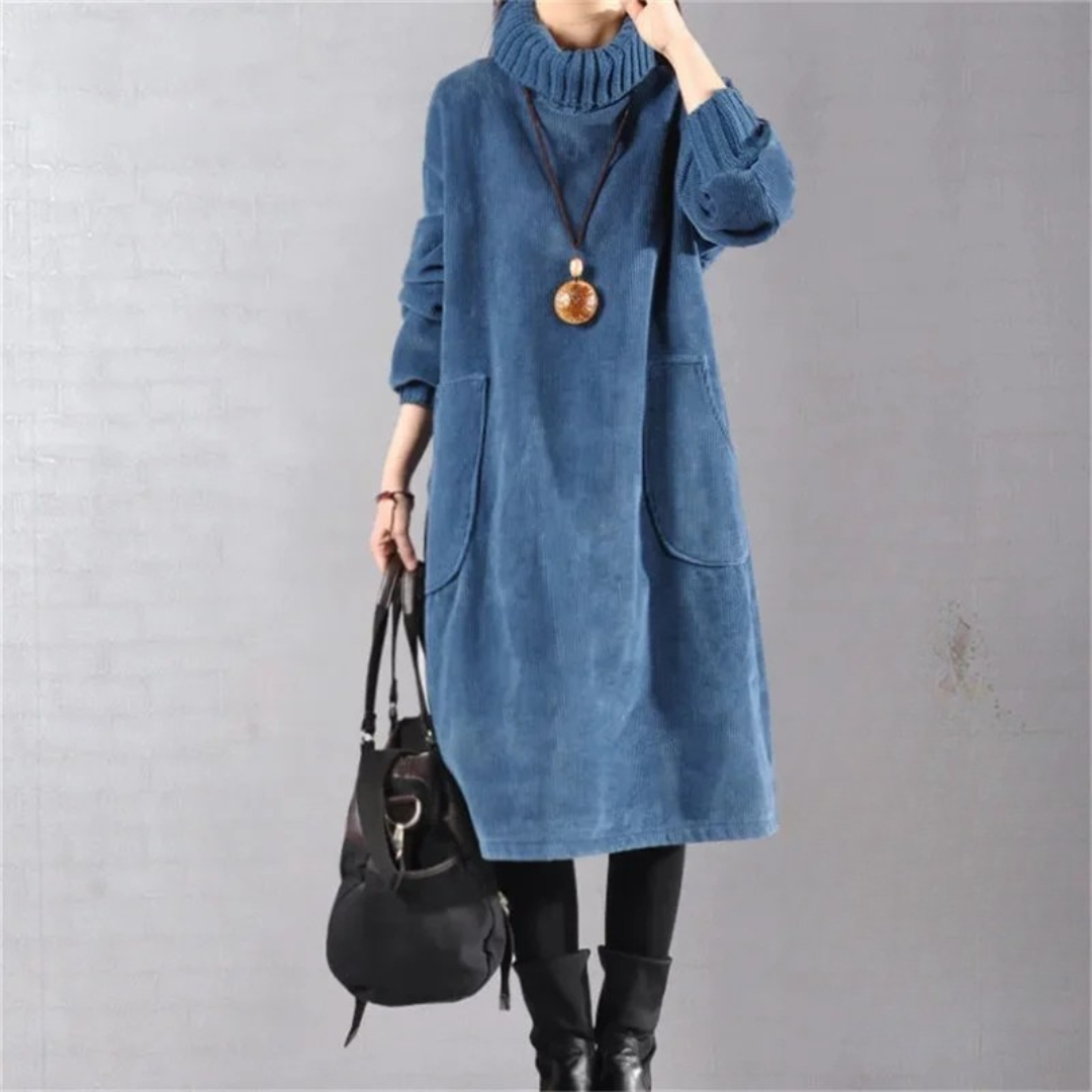 Roll neck corduroy midi jumper dress with a relaxed midi cut