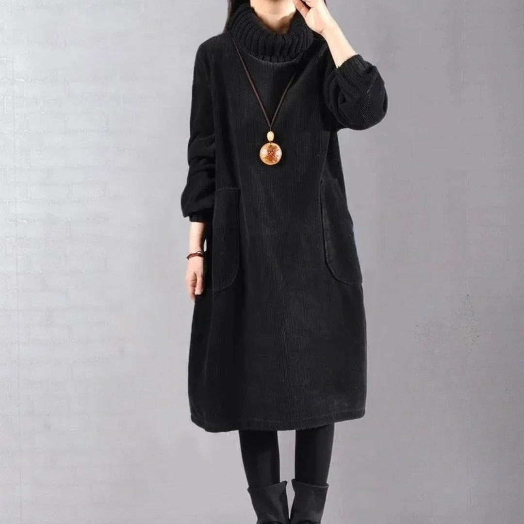 Roll neck corduroy midi jumper dress with patch pockets