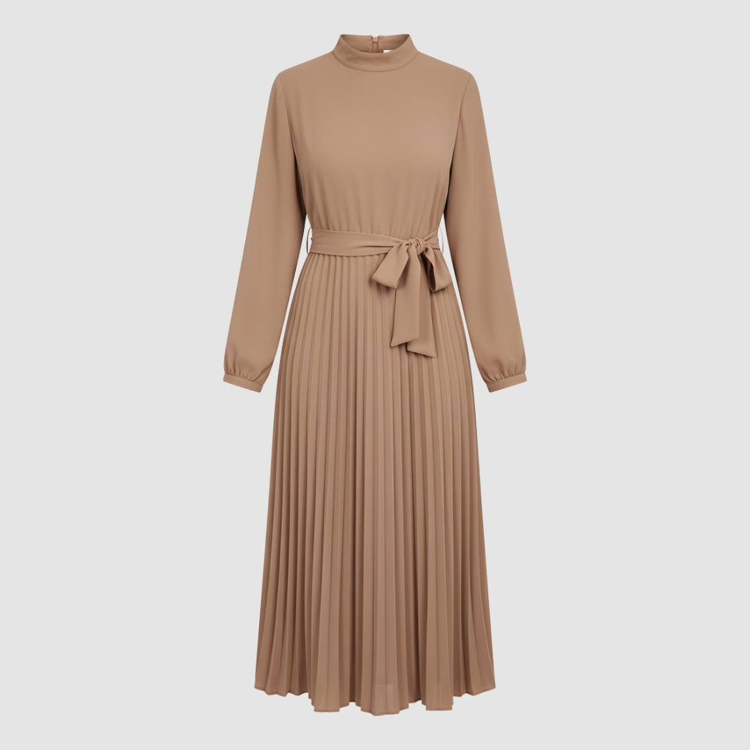 Women's long pleated dress detail showing belt and pleated skirt