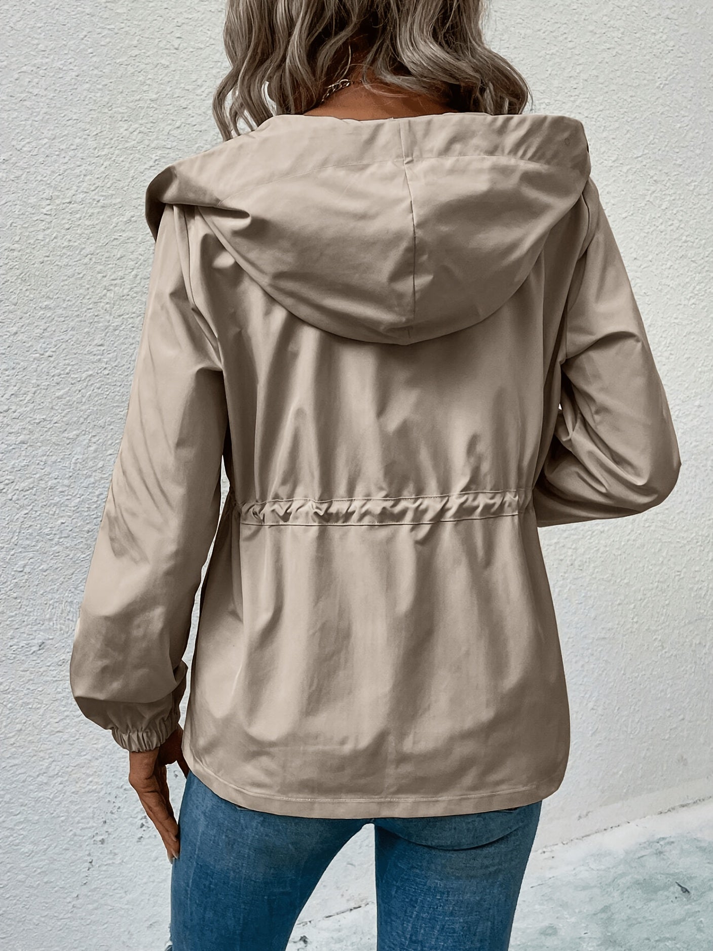 Khaki hooded drawstring-waist coat