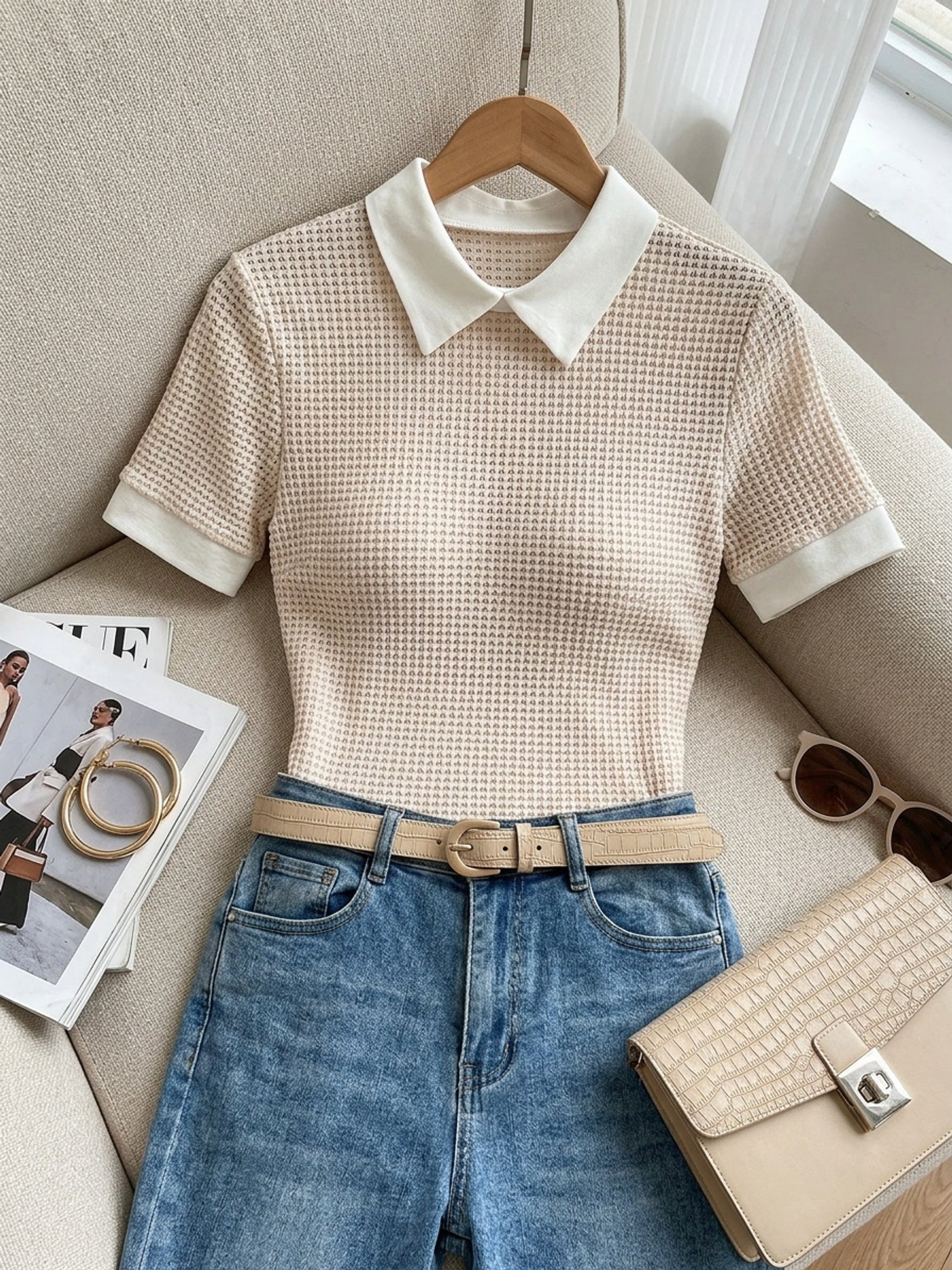 Apricot contrast-collar slim-fit Blouse