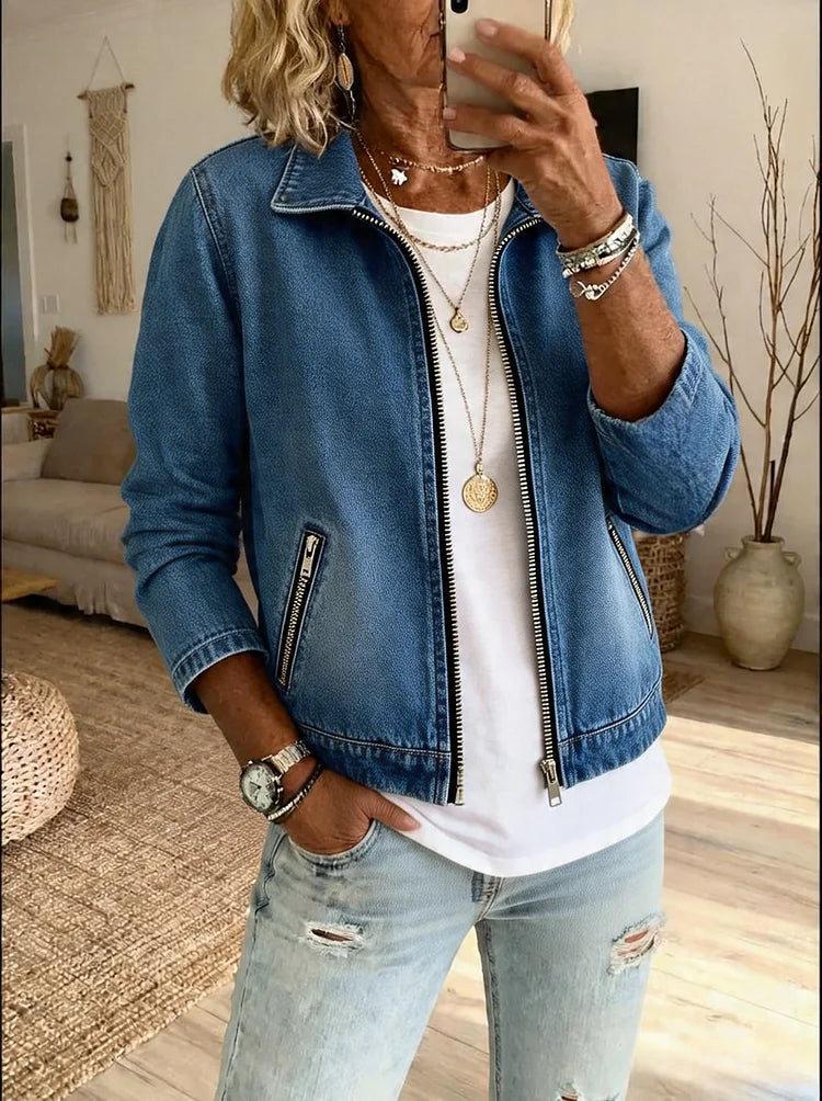 Denim cardigan open front view, soft washed denim with vintage feel | Alba Muse