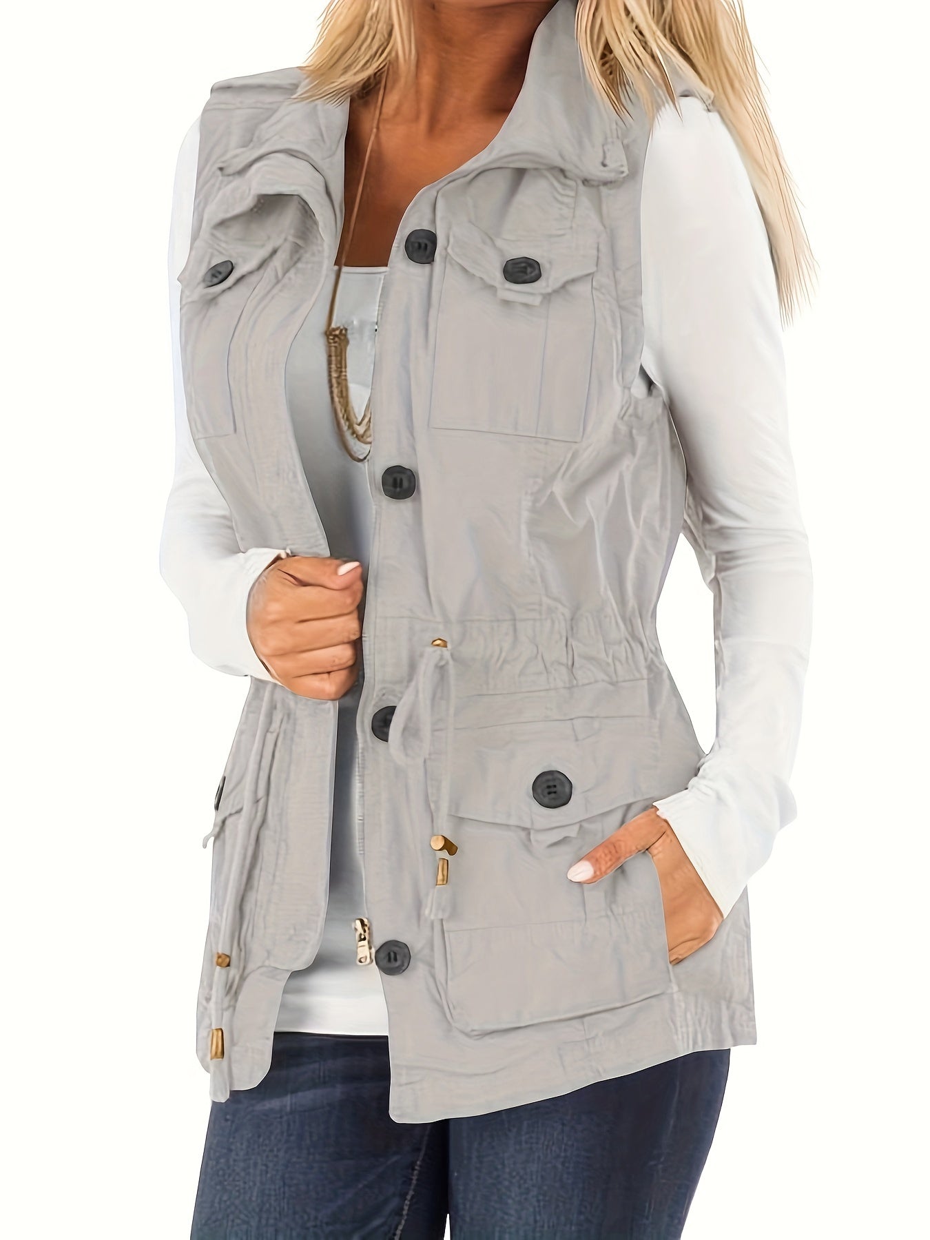Khaki sleeveless drawstring vest jacket