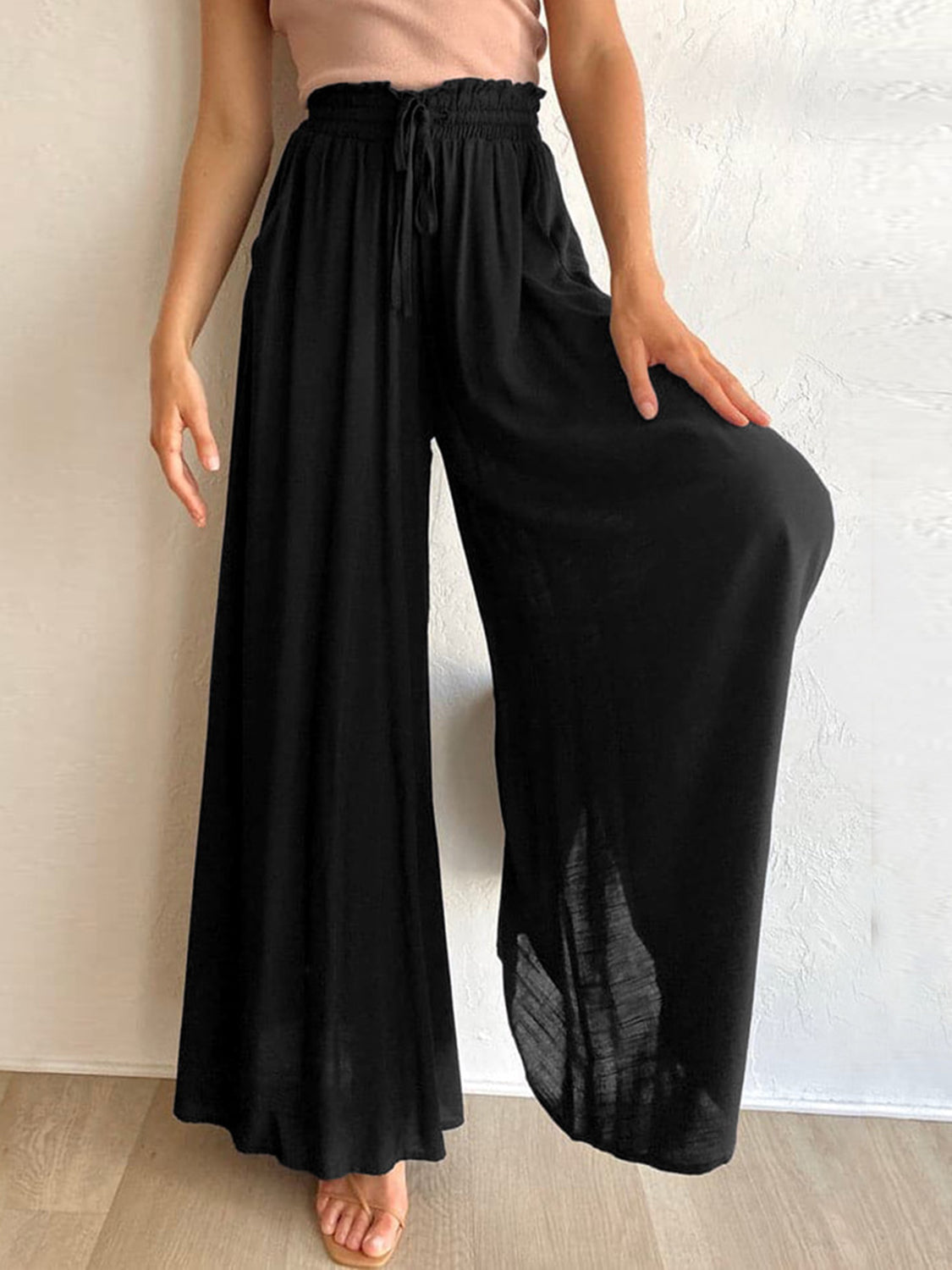 Women's drawstring wide leg pants, fourth colour front view