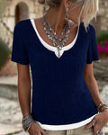 Faux Layered Ribbed Knit T-Shirt Navy Blue | Alba Muse