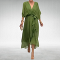 V-neck tie-waist chiffon maxi dress in flowing fabric, front view on model