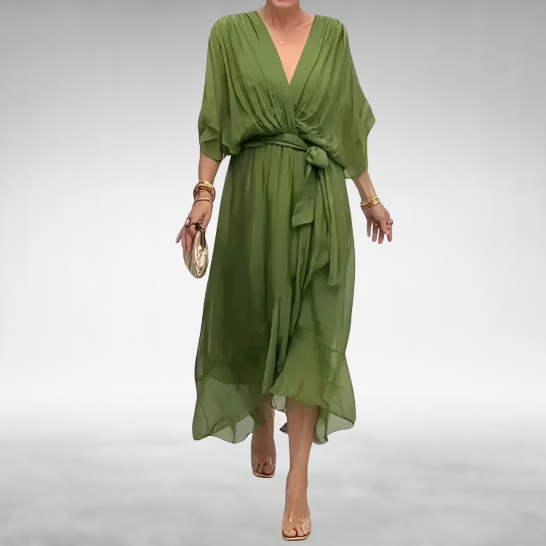 V-neck tie-waist chiffon maxi dress in flowing fabric, front view on model
