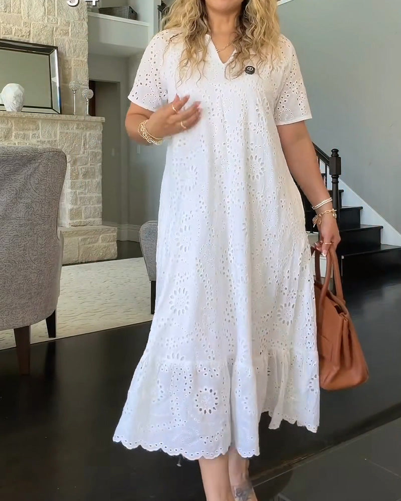 White V-Neck Hollow-Out Ruffle Trim Midi Dress — worn on model