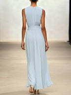 Sleeveless ruched chiffon maxi dress women – light blue back view