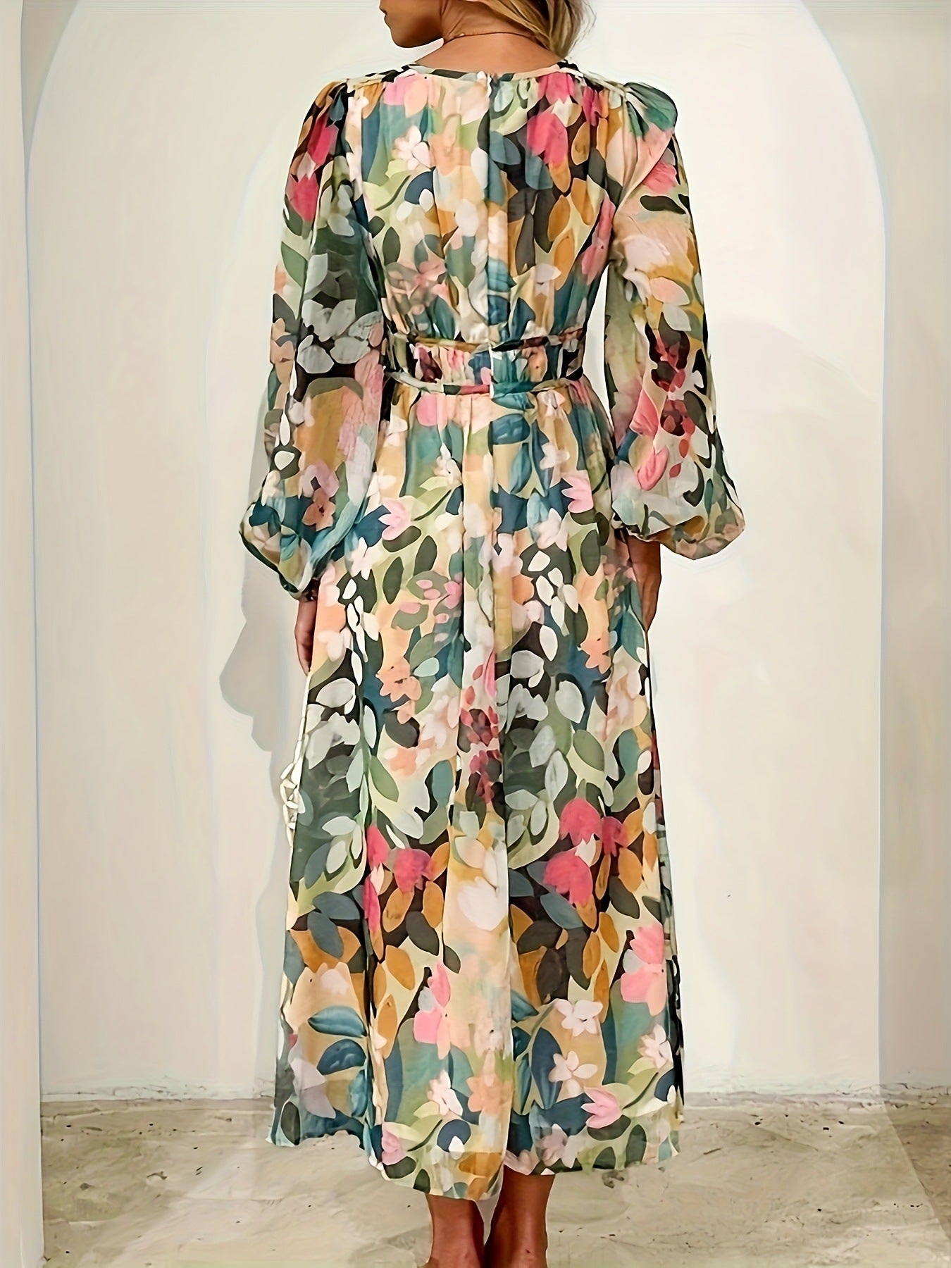 Women's floral print long sleeve midi dress, second colourway front view
