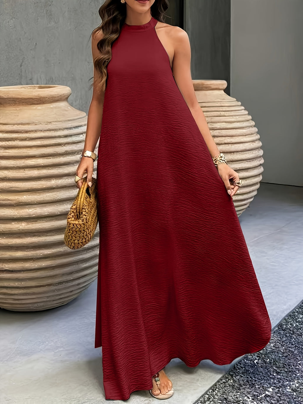 Ribbed Neckline Boho Beach Maxi Dress in Apricot, back view