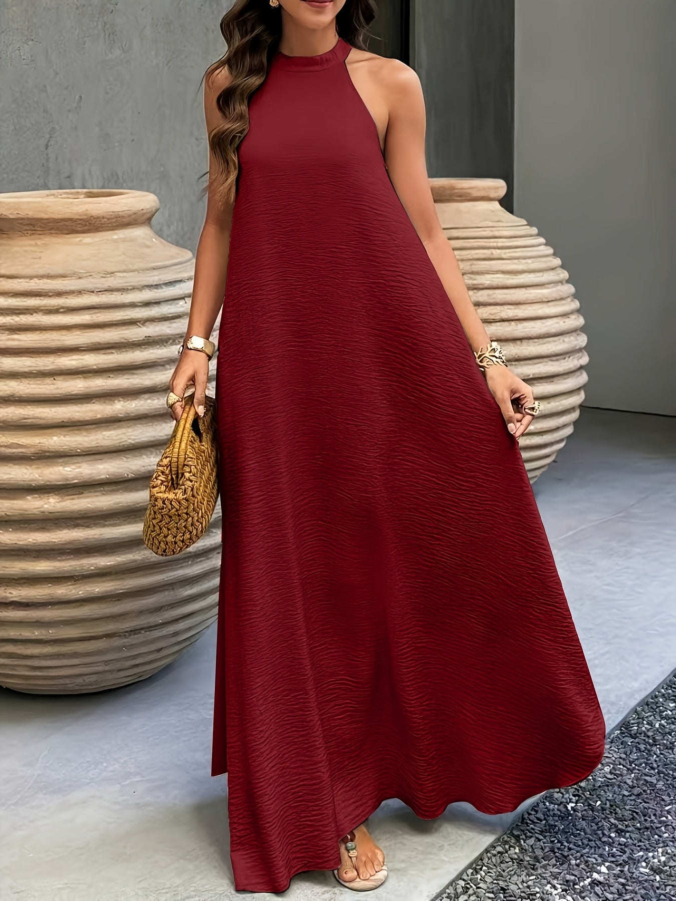 Ribbed Neckline Boho Beach Maxi Dress in Apricot, back view