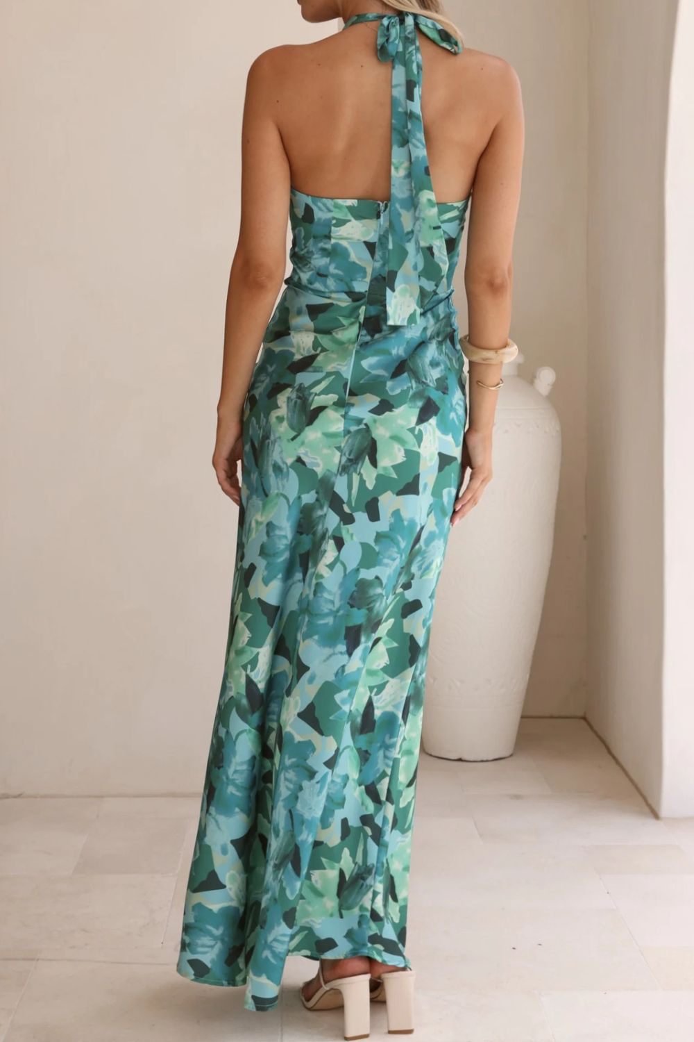 Floral Print Halter Neck Maxi Dress with Slit – Wedding Guest