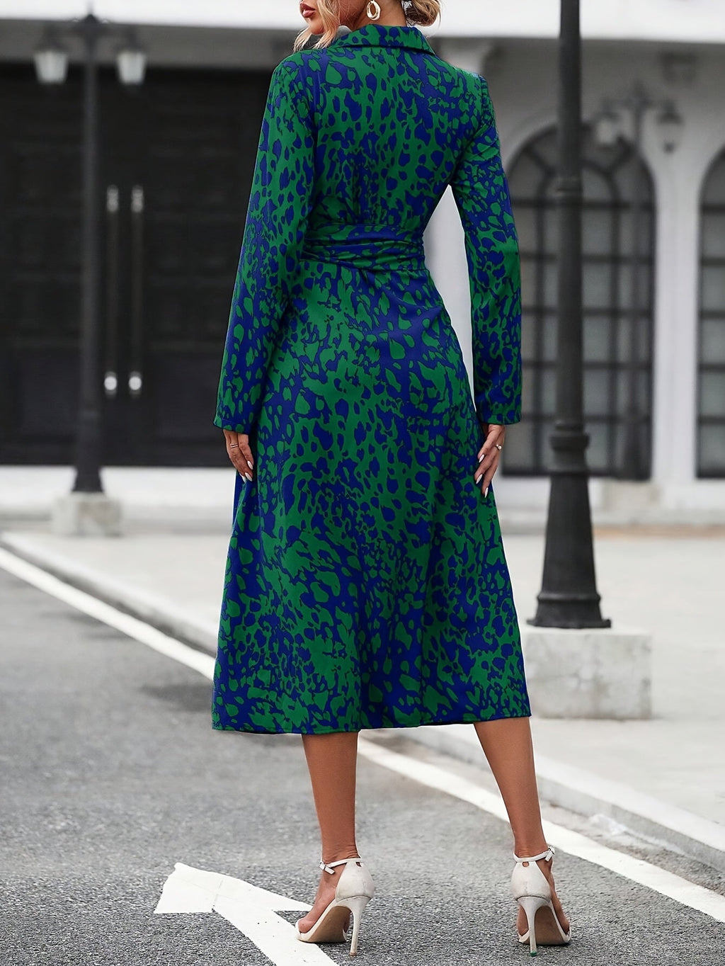 Women's geometric print belted shirt dress, movement shot