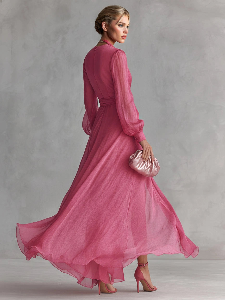 Elegant Pearl-Embellished Chiffon V-Neck Tie-Waist Maxi Dress