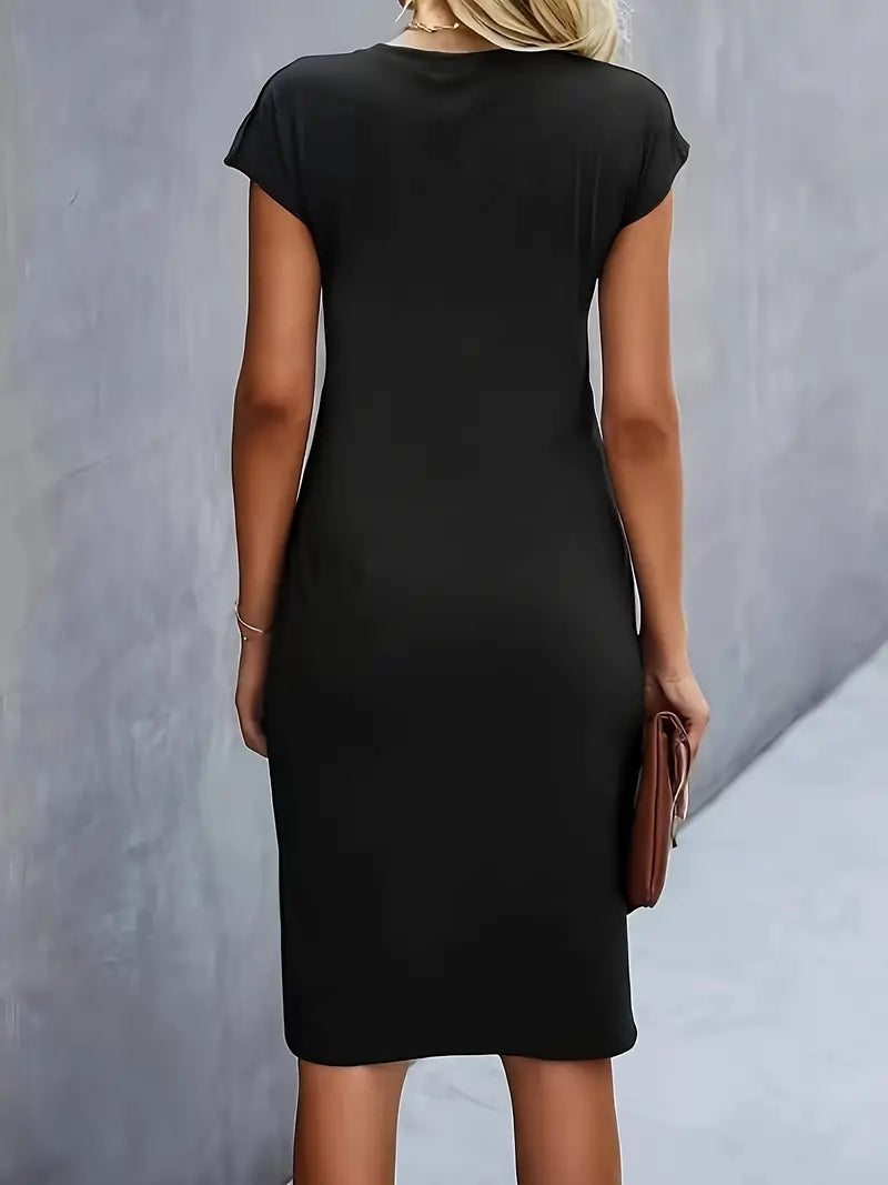 Front view of women's bodycon dress with short sleeves