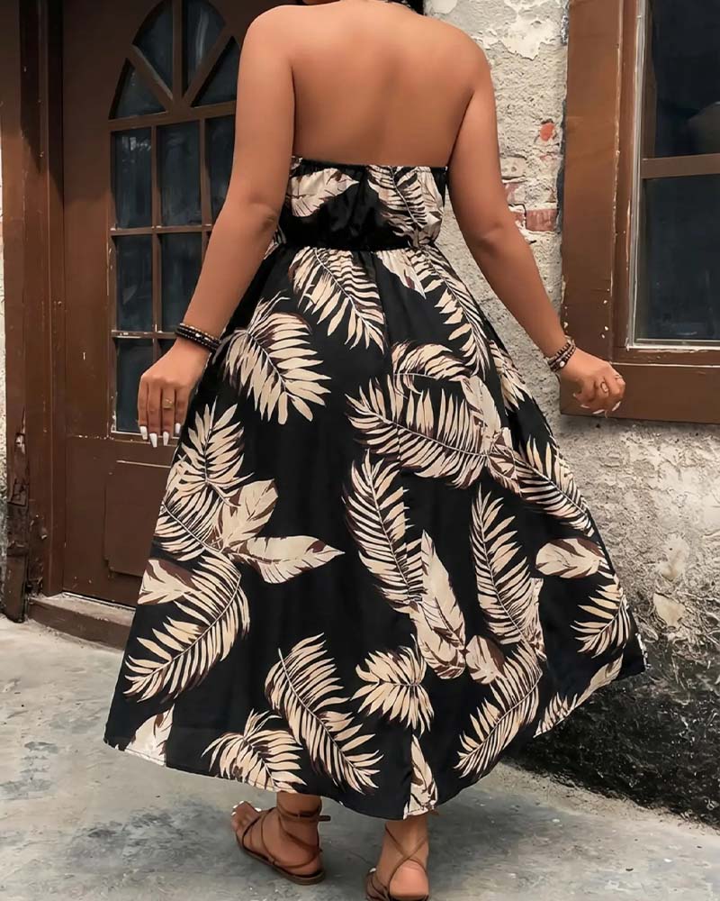 Printed Halter Neck Sleeveless A Line Mini Dress and Shorts Set